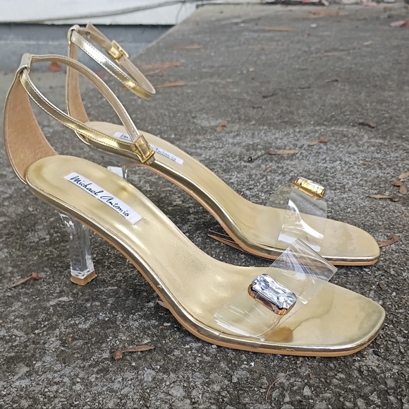 Clear And Gold Tone Ankle Strap Kitten Heel Sandals - Picture 3 of 5